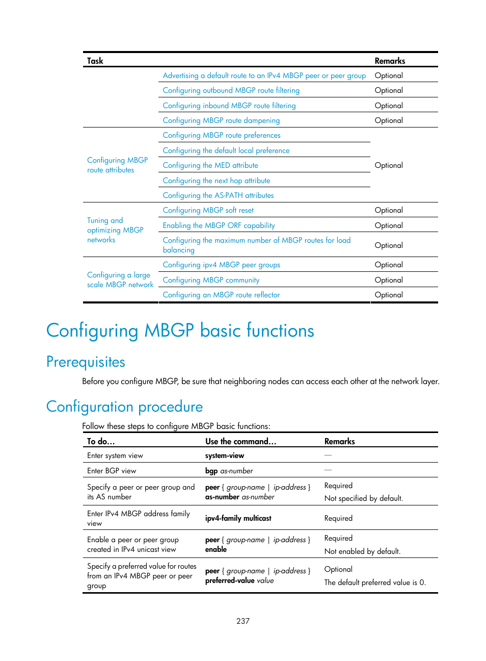 Configuring mbgp basic functions, Prerequisites, Configuration procedure | H3C Technologies H3C S10500 Series Switches User Manual | Page 252 / 467