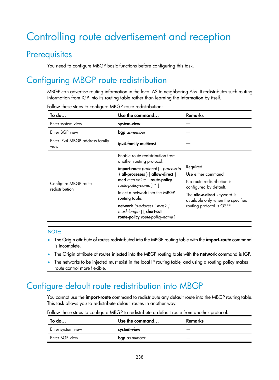 Controlling route advertisement and reception, Prerequisites, Configuring mbgp route redistribution | Configure default route redistribution into mbgp, Controlling route advertisement and, Reception | H3C Technologies H3C S10500 Series Switches User Manual | Page 253 / 467