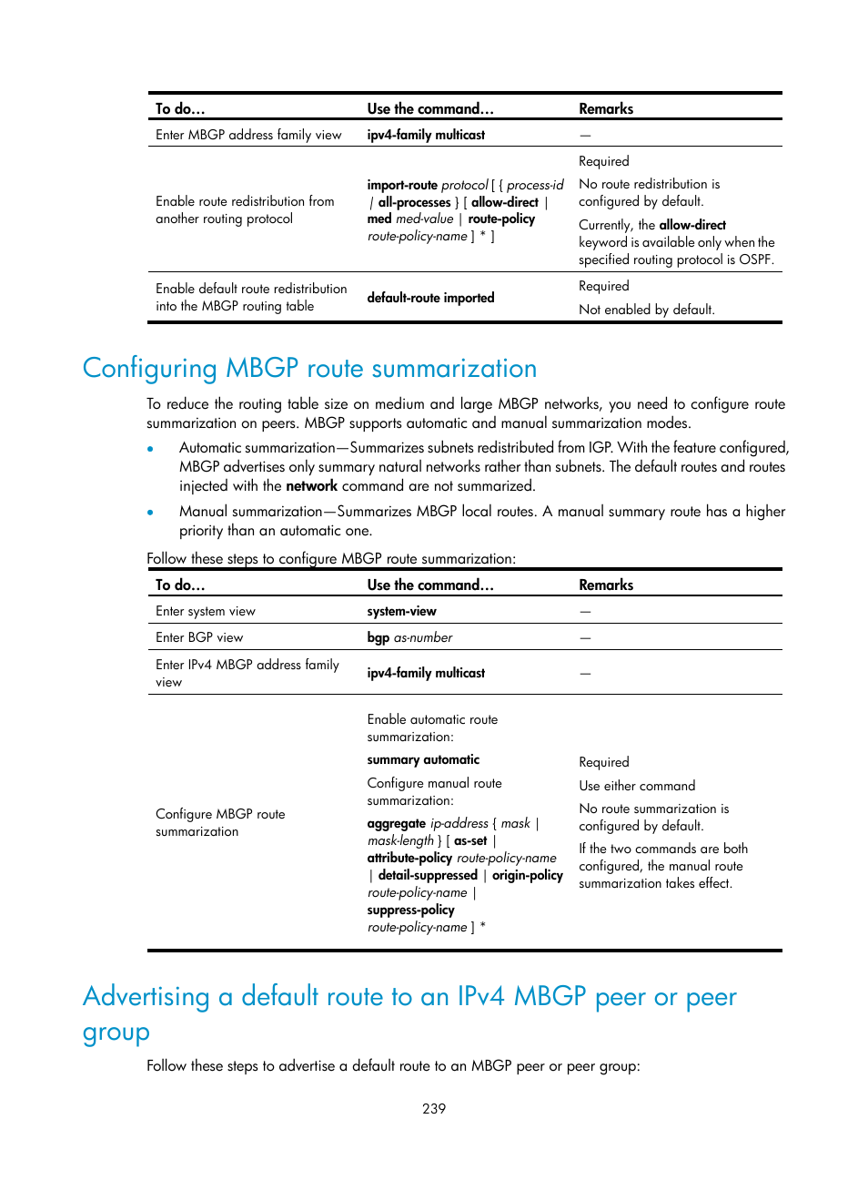 Configuring mbgp route summarization | H3C Technologies H3C S10500 Series Switches User Manual | Page 254 / 467