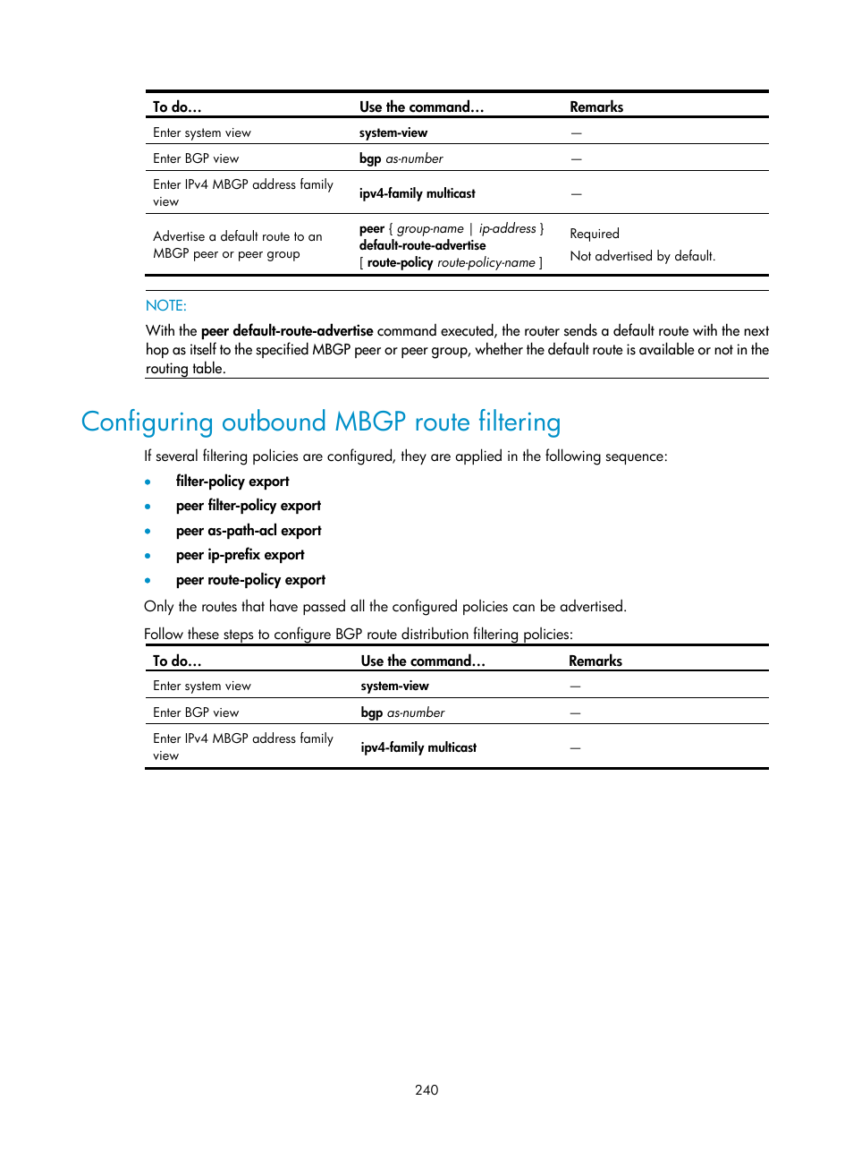Configuring outbound mbgp route filtering | H3C Technologies H3C S10500 Series Switches User Manual | Page 255 / 467