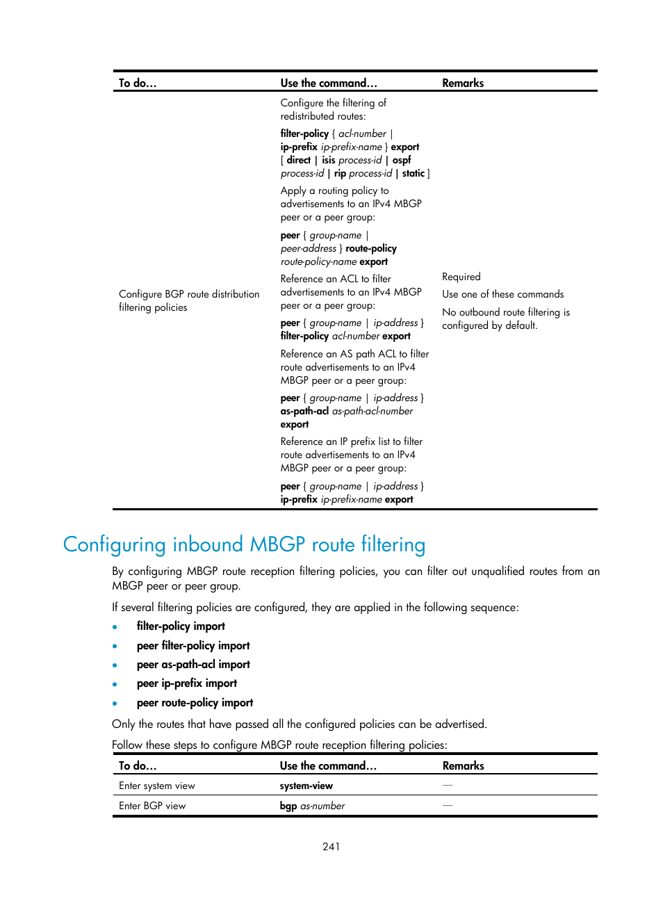 Configuring inbound mbgp route filtering | H3C Technologies H3C S10500 Series Switches User Manual | Page 256 / 467