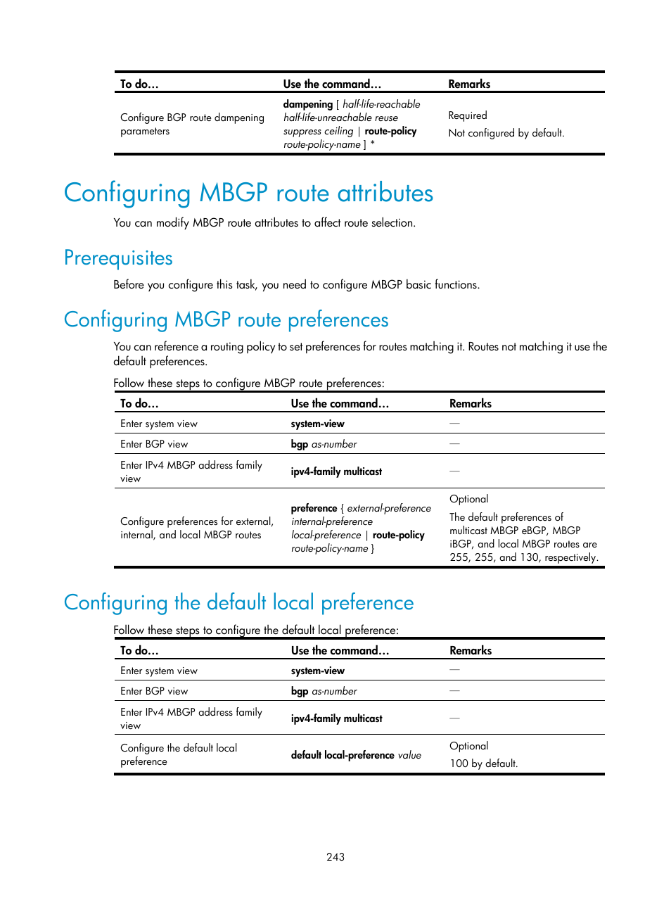 Configuring mbgp route attributes, Prerequisites, Configuring mbgp route preferences | Configuring the default local preference | H3C Technologies H3C S10500 Series Switches User Manual | Page 258 / 467