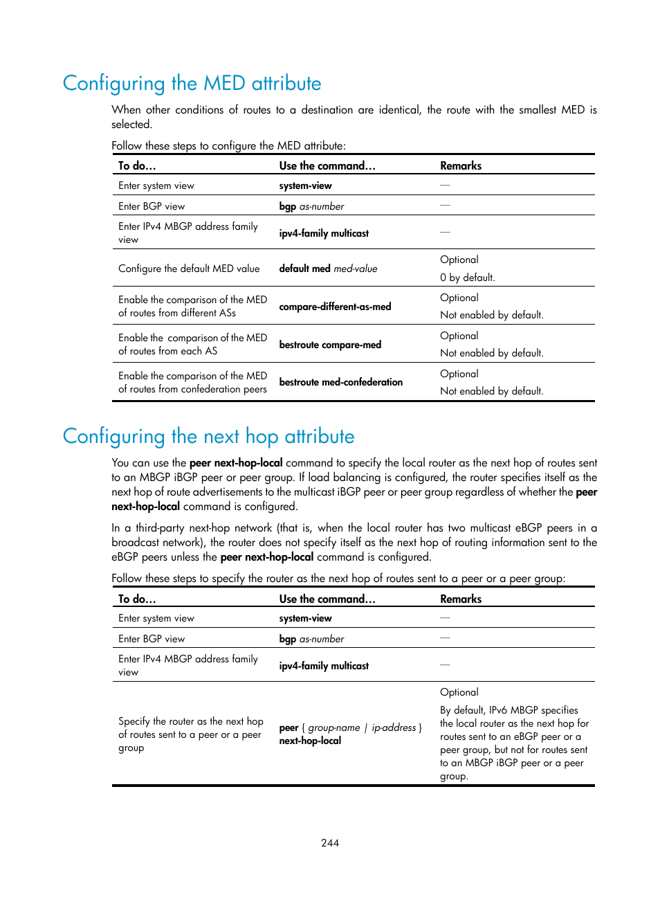 Configuring the med attribute, Configuring the next hop attribute | H3C Technologies H3C S10500 Series Switches User Manual | Page 259 / 467