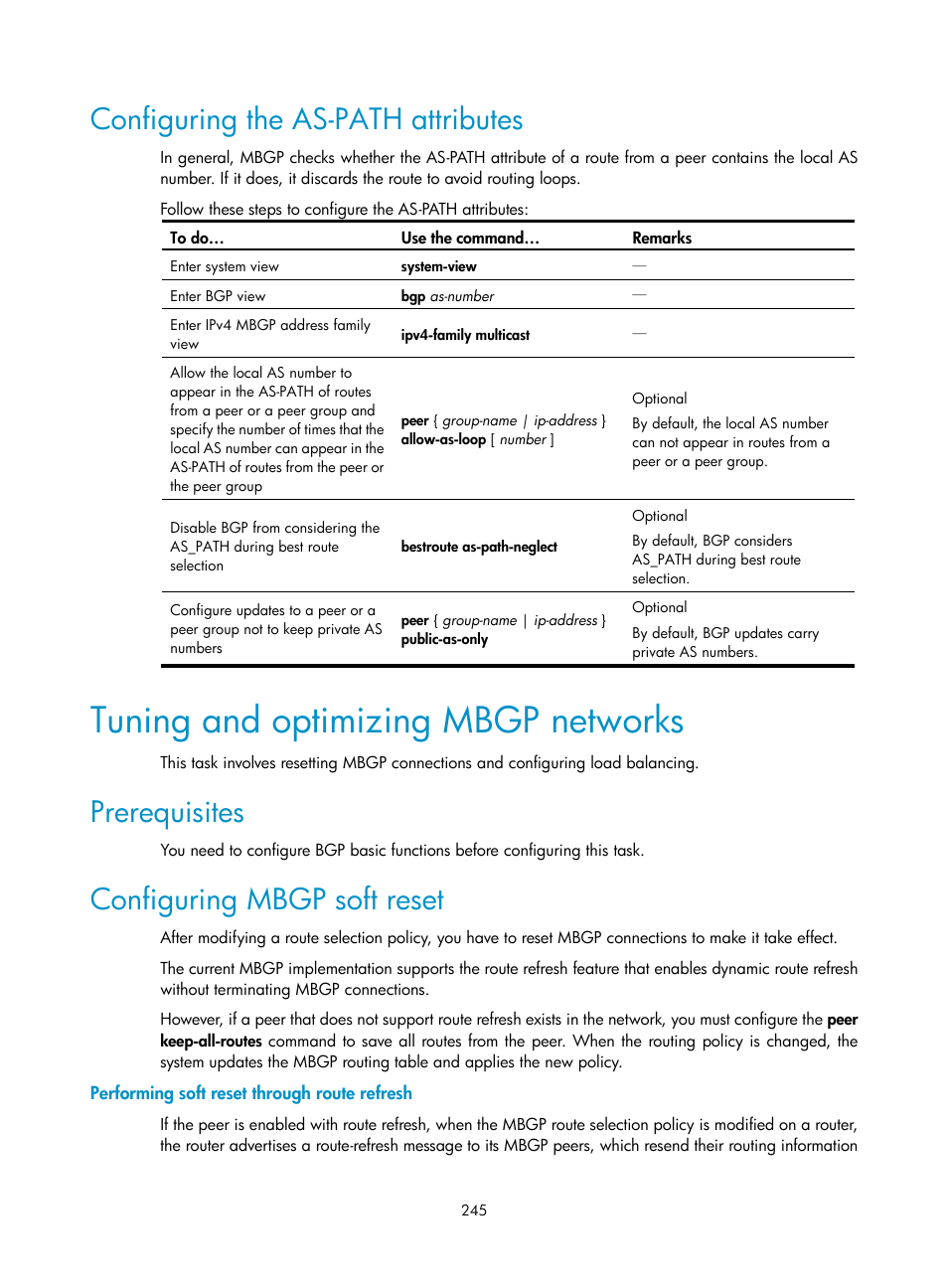 Configuring the as-path attributes, Tuning and optimizing mbgp networks, Prerequisites | Configuring mbgp soft reset, Performing soft reset through route refresh, Tuning and optimizing mbgp, Networks | H3C Technologies H3C S10500 Series Switches User Manual | Page 260 / 467