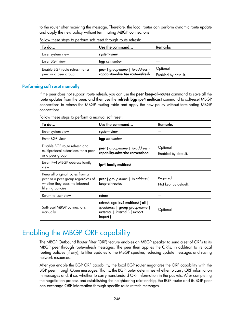 Performing soft reset manually, Enabling the mbgp orf capability | H3C Technologies H3C S10500 Series Switches User Manual | Page 261 / 467