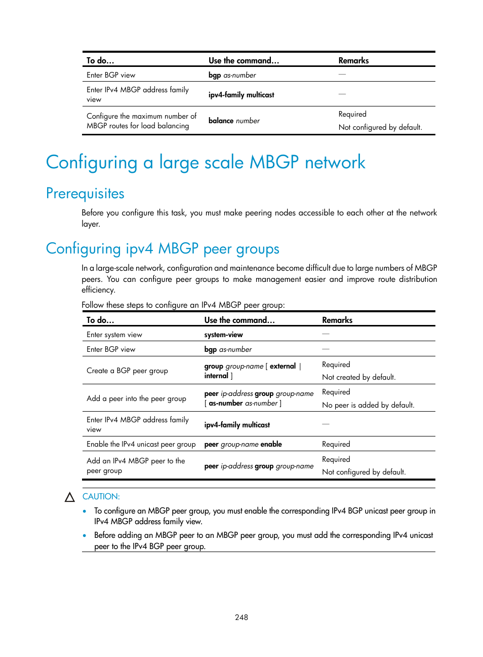 Configuring a large scale mbgp network, Prerequisites, Configuring ipv4 mbgp peer groups | H3C Technologies H3C S10500 Series Switches User Manual | Page 263 / 467