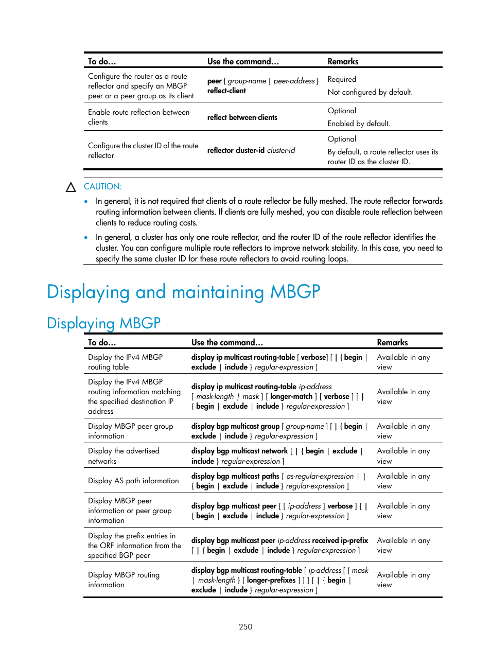 Displaying and maintaining mbgp, Displaying mbgp | H3C Technologies H3C S10500 Series Switches User Manual | Page 265 / 467