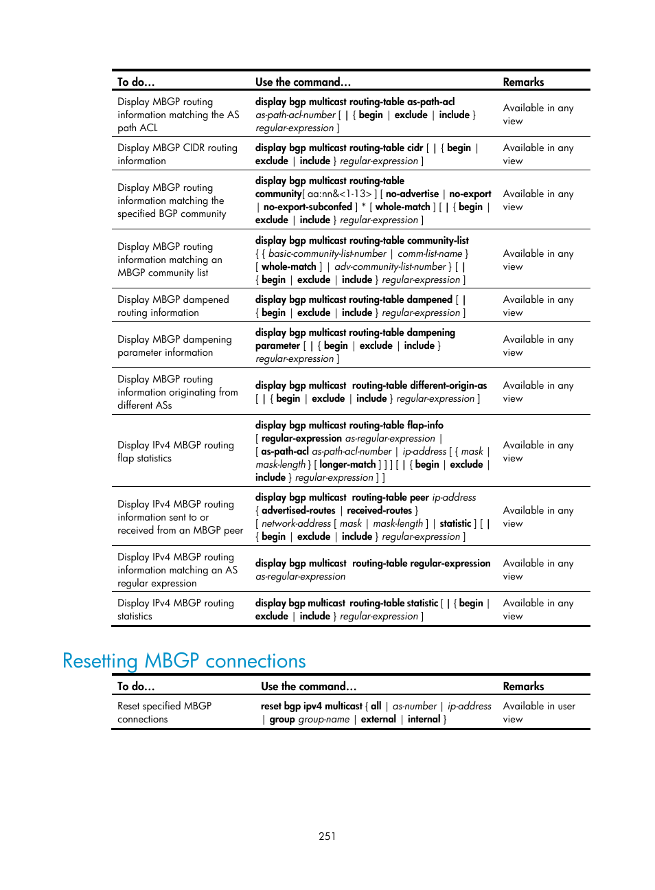 Resetting mbgp connections | H3C Technologies H3C S10500 Series Switches User Manual | Page 266 / 467