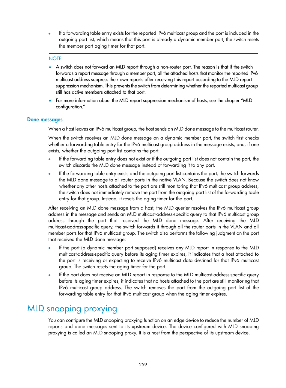 Done messages, Mld snooping proxying | H3C Technologies H3C S10500 Series Switches User Manual | Page 274 / 467