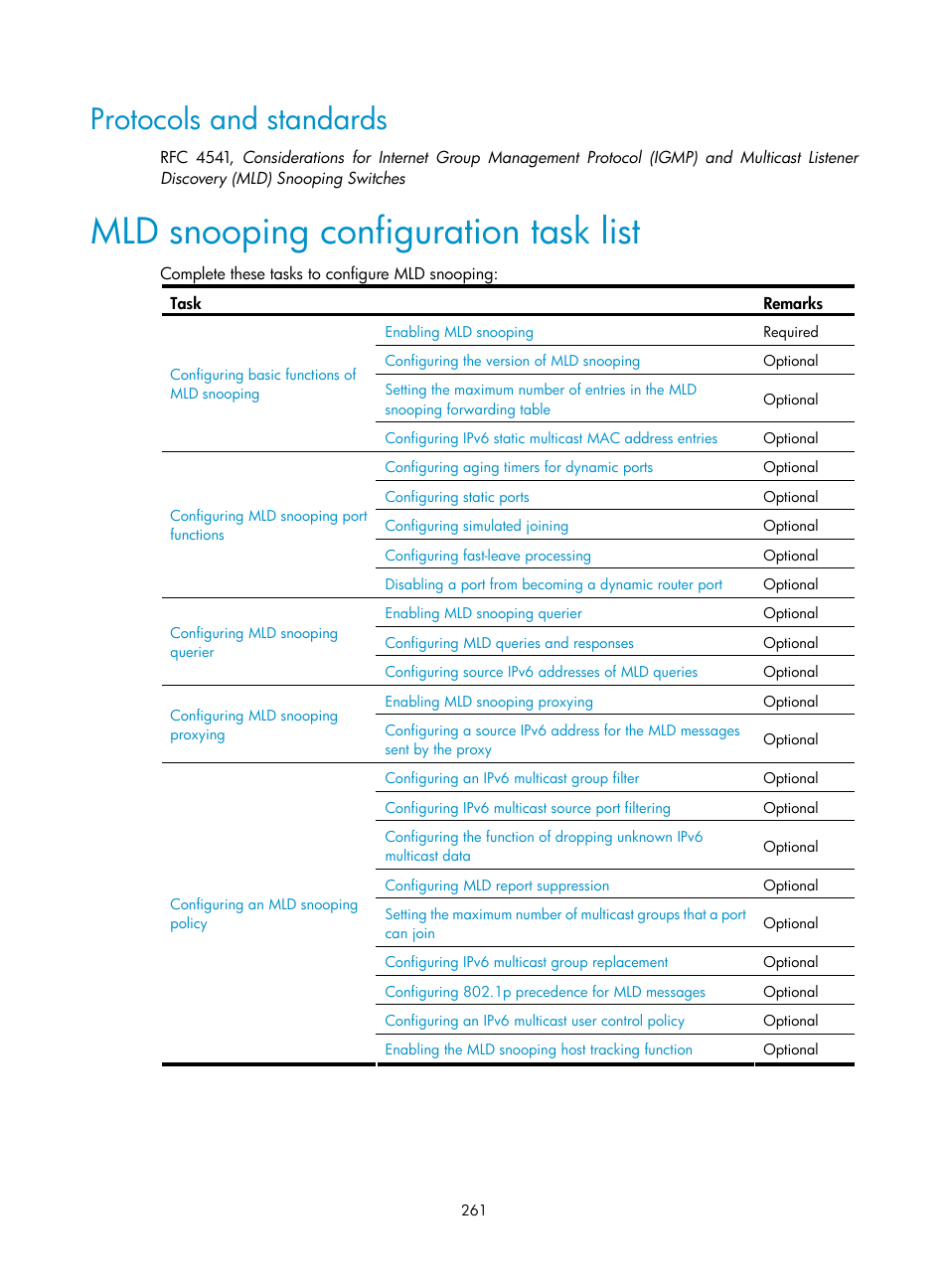 Protocols and standards, Mld snooping configuration task list | H3C Technologies H3C S10500 Series Switches User Manual | Page 276 / 467