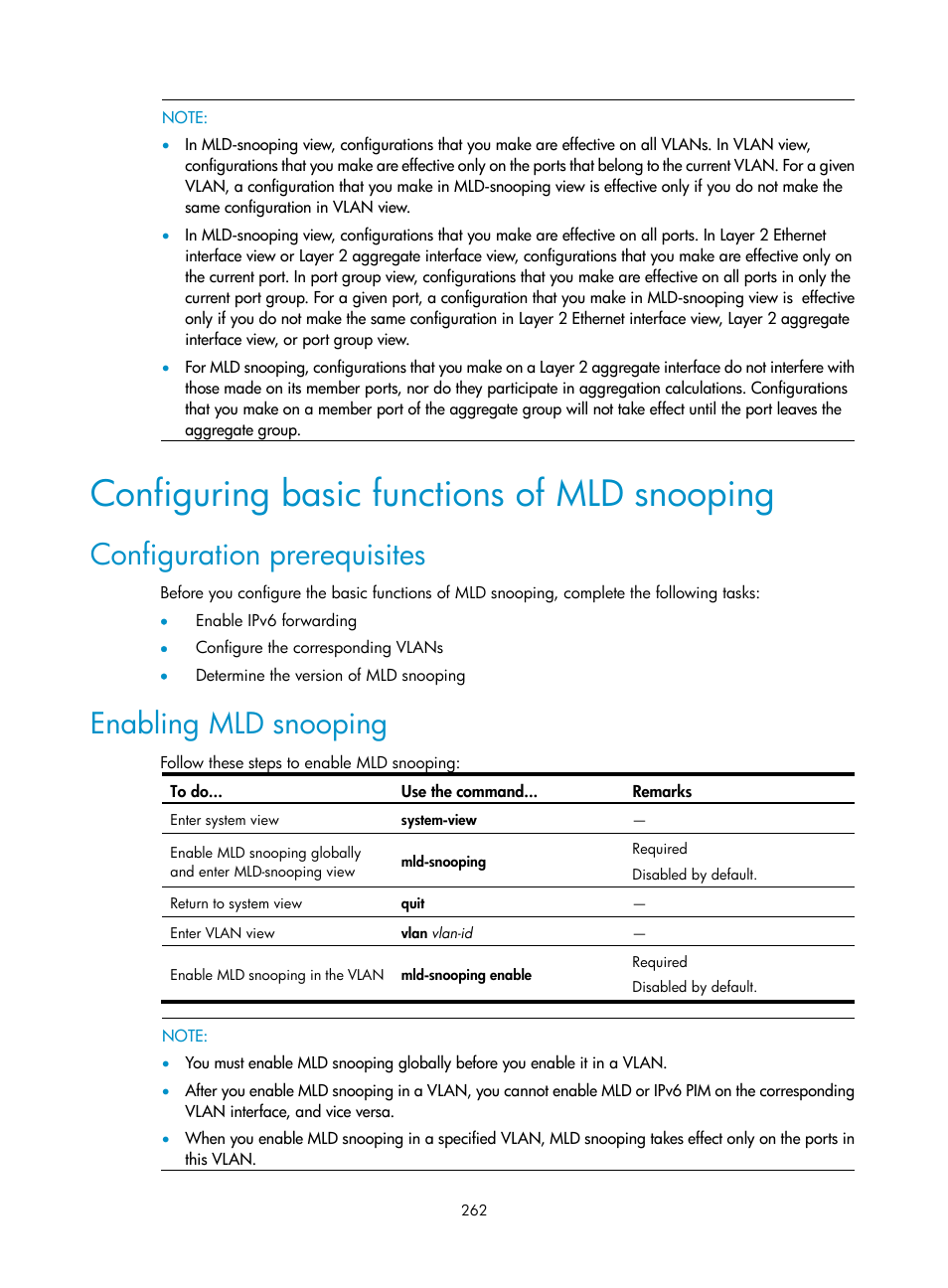 Configuring basic functions of mld snooping, Configuration prerequisites, Enabling mld snooping | H3C Technologies H3C S10500 Series Switches User Manual | Page 277 / 467