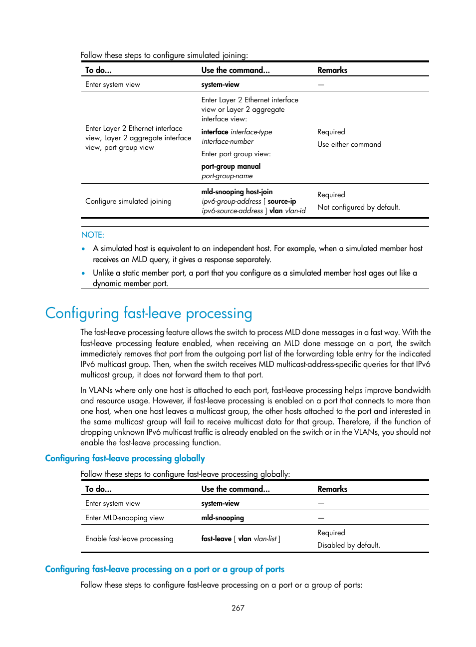 Configuring fast-leave processing, Configuring fast-leave processing globally | H3C Technologies H3C S10500 Series Switches User Manual | Page 282 / 467