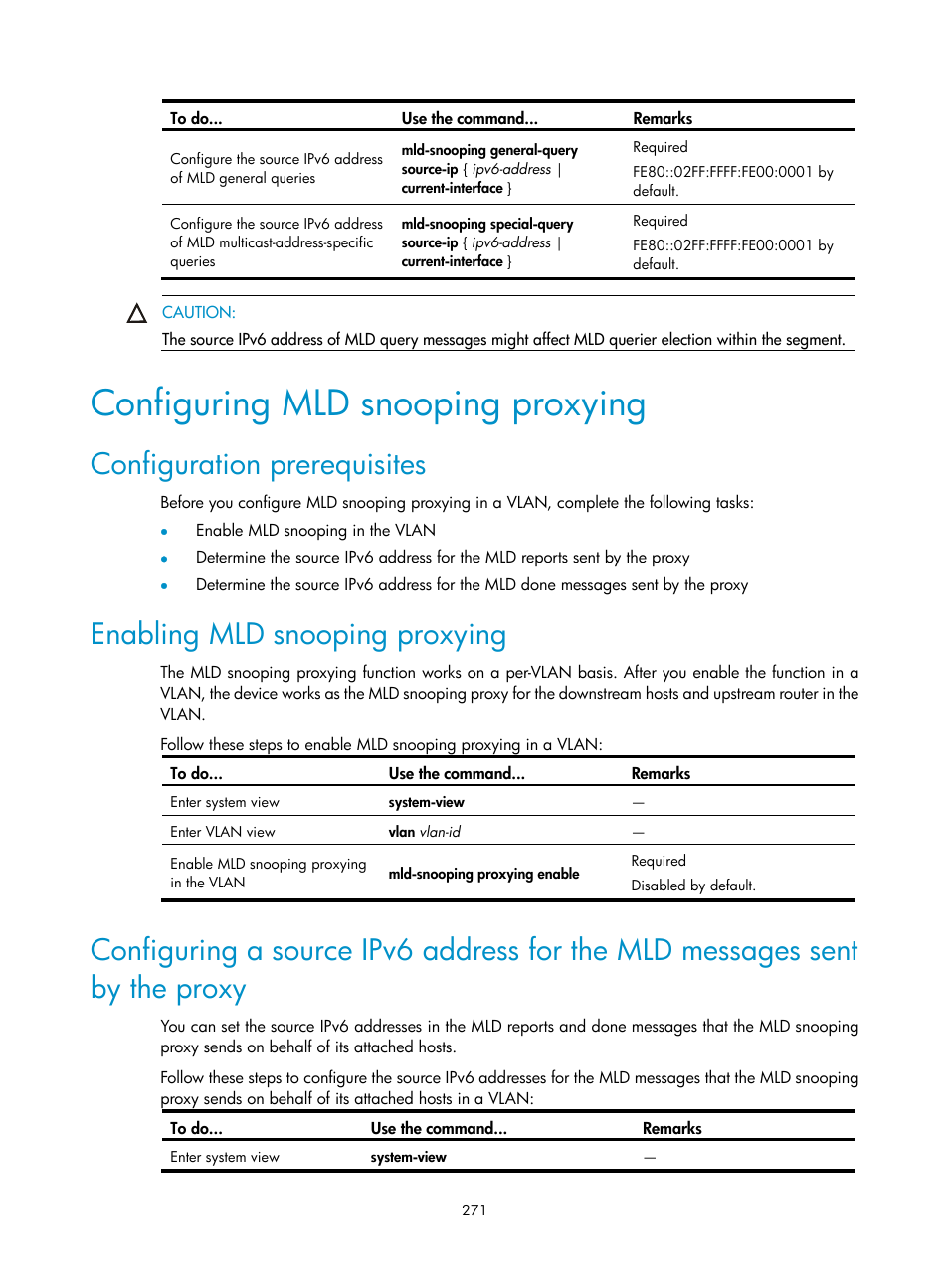 Configuring mld snooping proxying, Configuration prerequisites, Enabling mld snooping proxying | H3C Technologies H3C S10500 Series Switches User Manual | Page 286 / 467