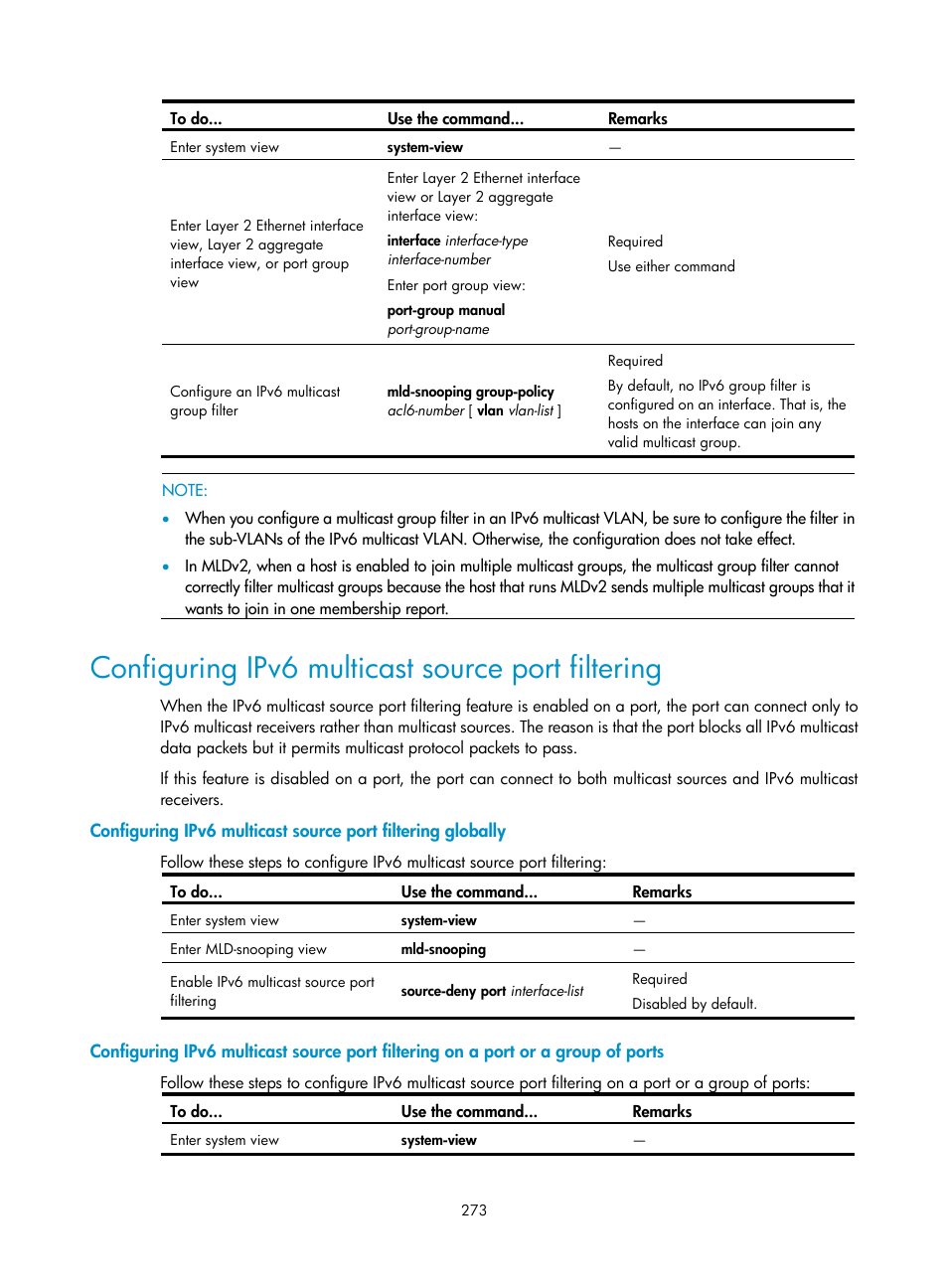 Configuring ipv6 multicast source port filtering | H3C Technologies H3C S10500 Series Switches User Manual | Page 288 / 467