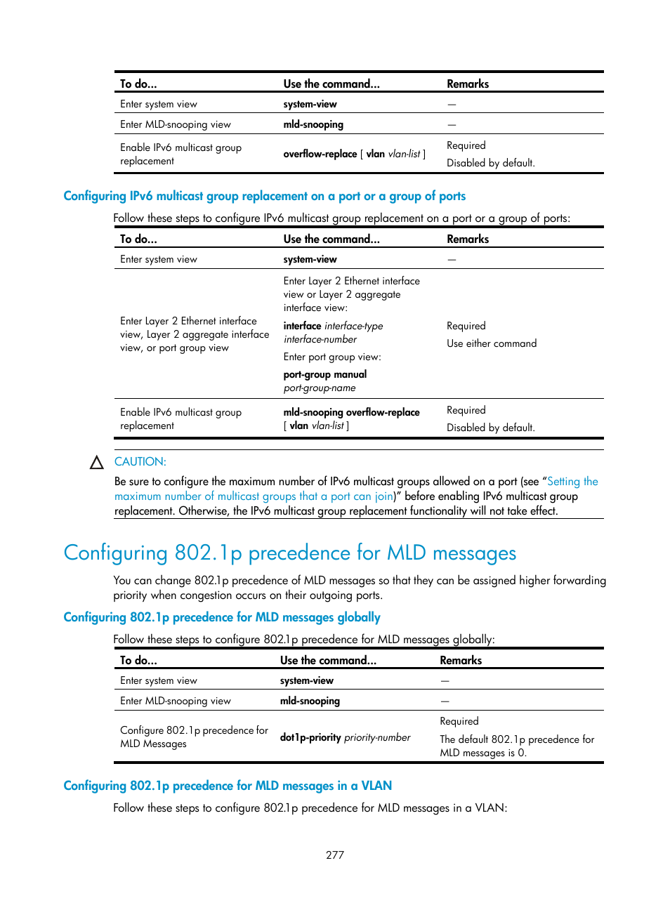 Configuring 802.1p precedence for mld messages | H3C Technologies H3C S10500 Series Switches User Manual | Page 292 / 467