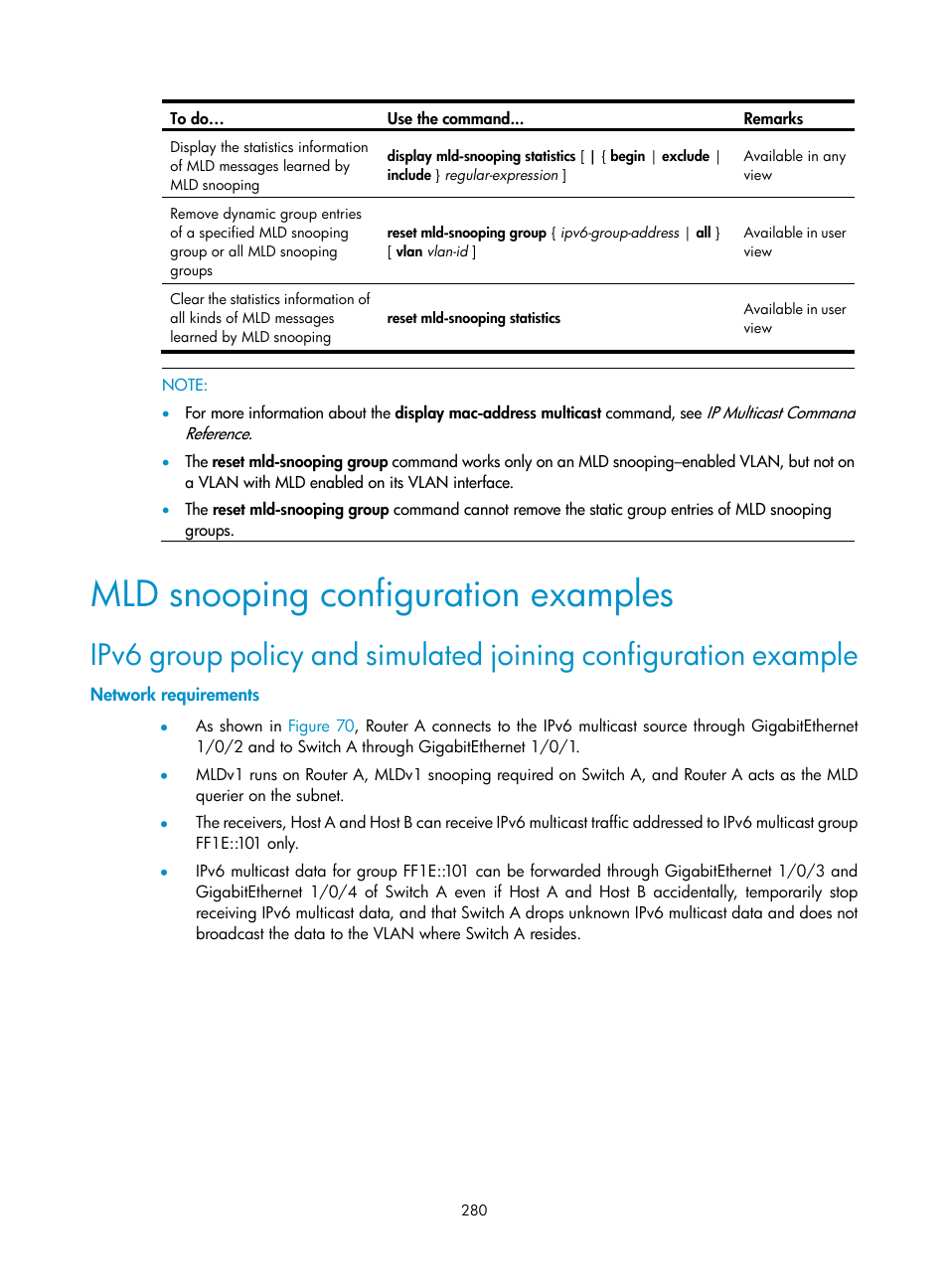 Mld snooping configuration examples, Network requirements | H3C Technologies H3C S10500 Series Switches User Manual | Page 295 / 467