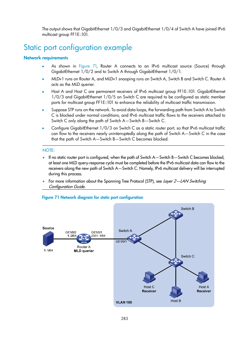 Static port configuration example, Network requirements | H3C Technologies H3C S10500 Series Switches User Manual | Page 298 / 467