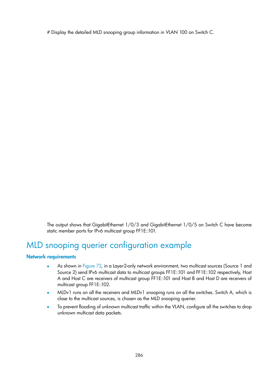 Mld snooping querier configuration example, Network requirements | H3C Technologies H3C S10500 Series Switches User Manual | Page 301 / 467