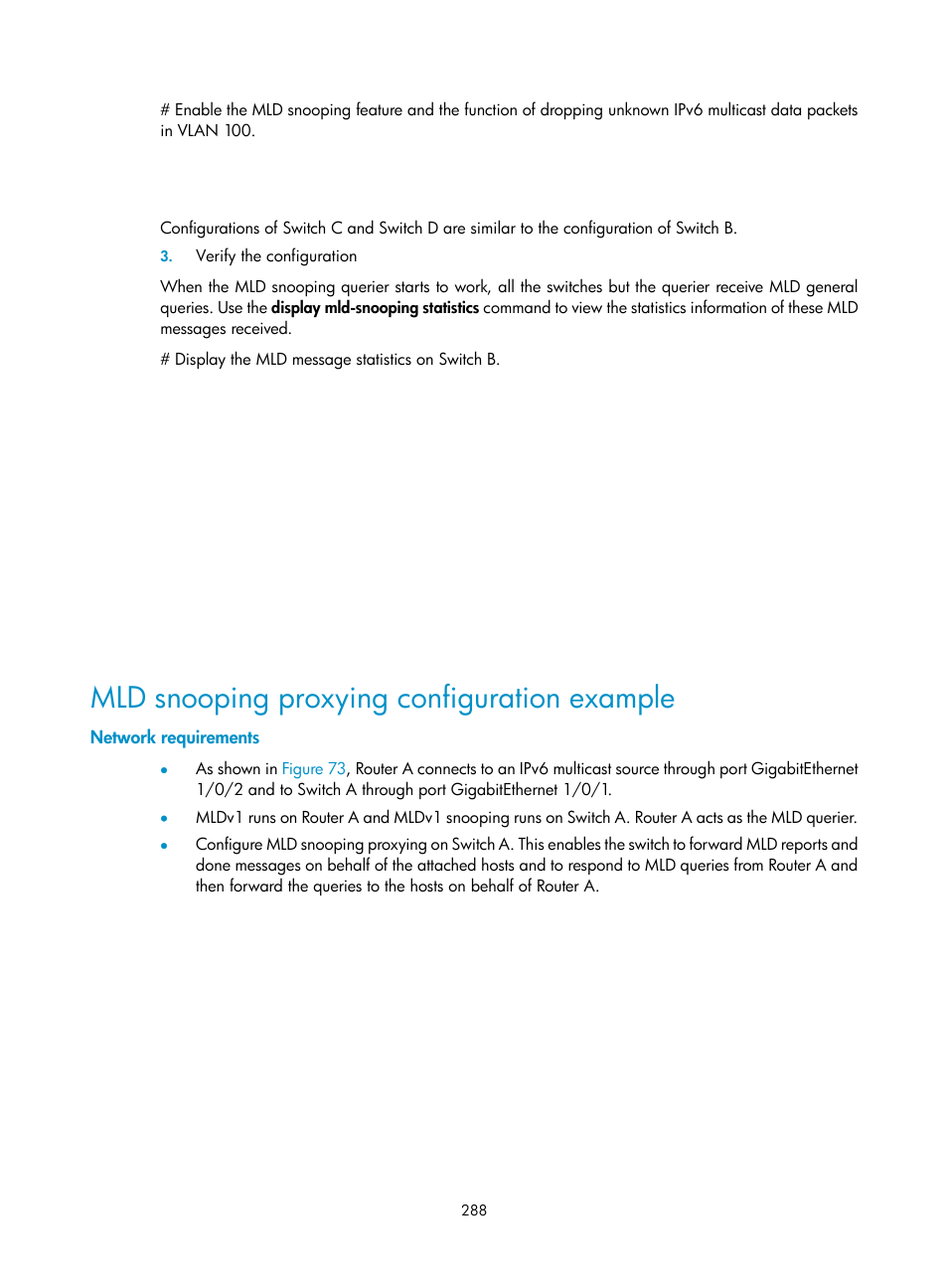 Mld snooping proxying configuration example, Network requirements | H3C Technologies H3C S10500 Series Switches User Manual | Page 303 / 467