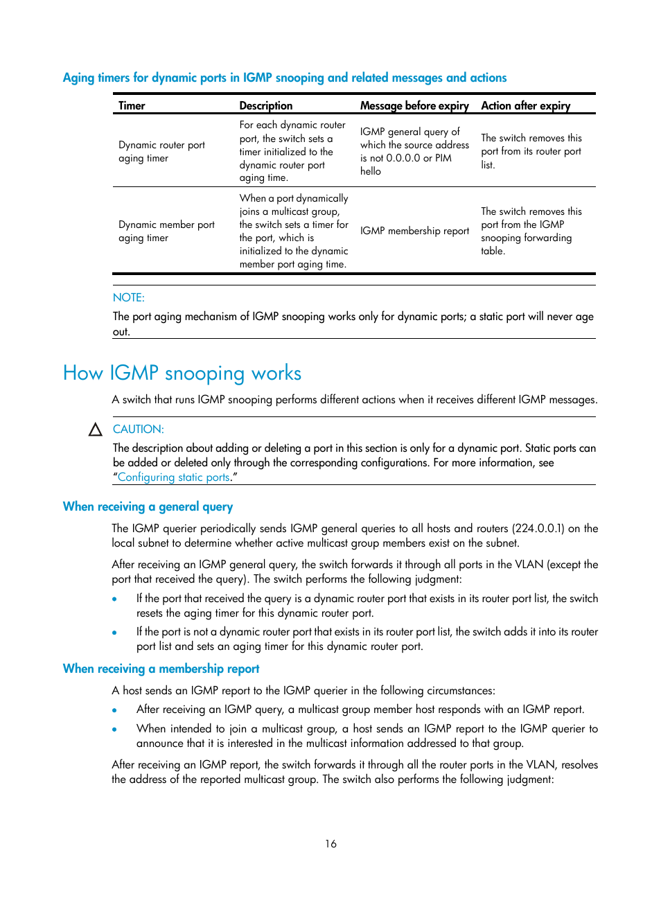 How igmp snooping works, When receiving a general query, When receiving a membership report | H3C Technologies H3C S10500 Series Switches User Manual | Page 31 / 467