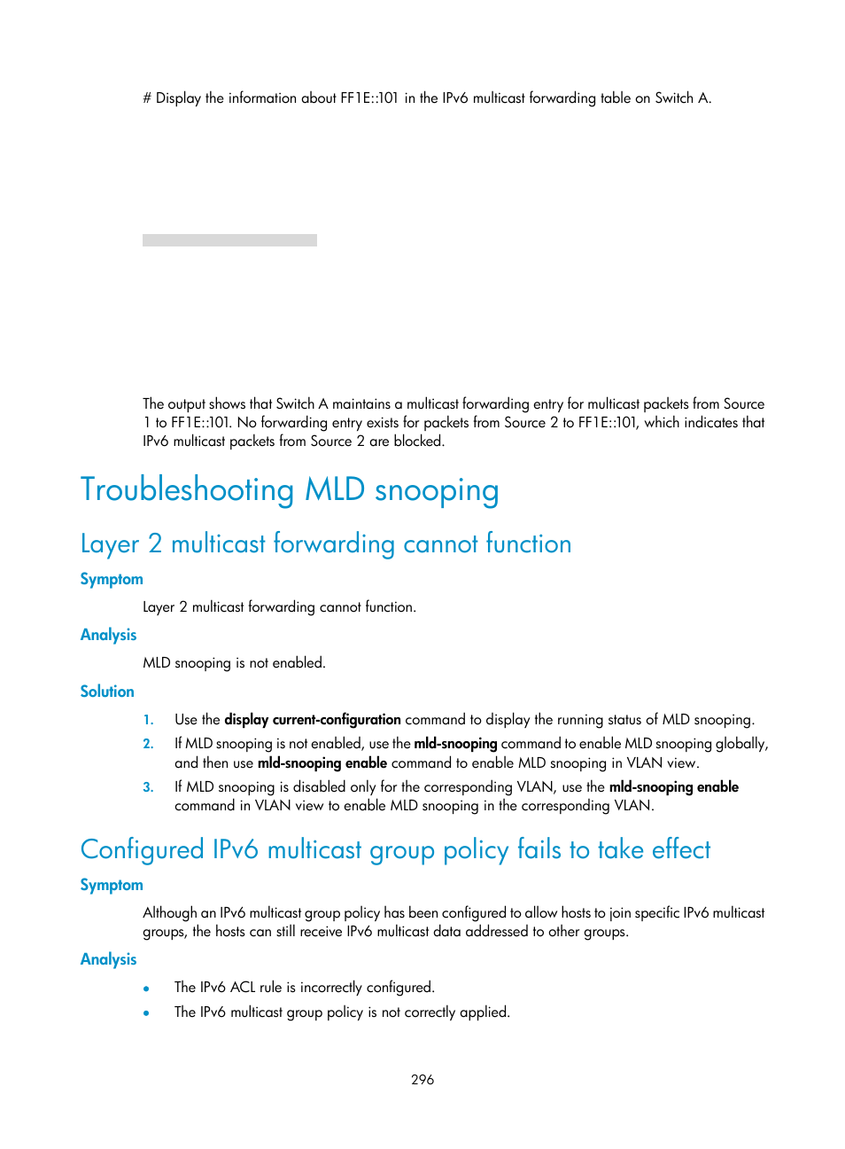 Troubleshooting mld snooping, Layer 2 multicast forwarding cannot function, Symptom | Analysis, Solution | H3C Technologies H3C S10500 Series Switches User Manual | Page 311 / 467