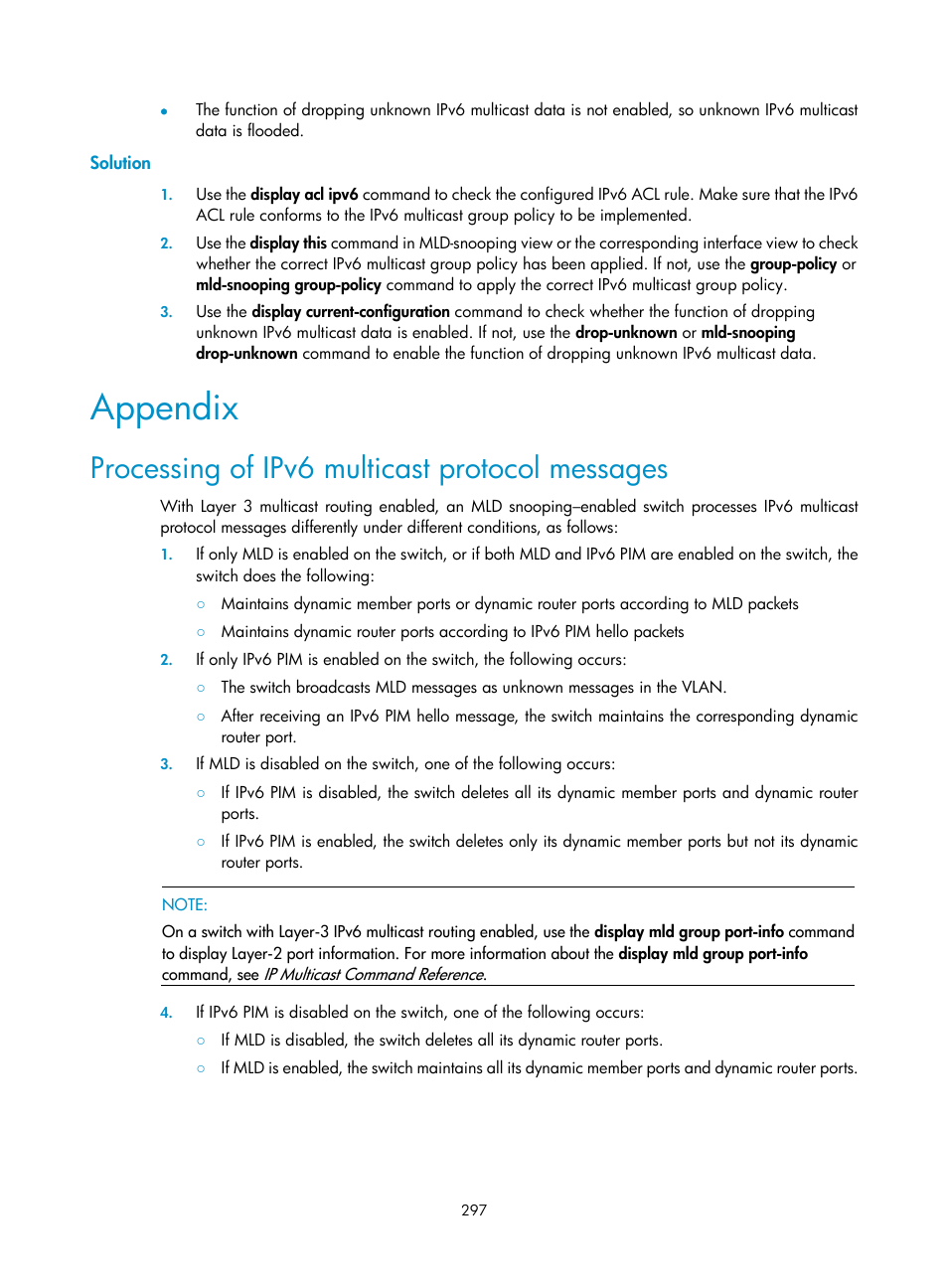 Solution, Appendix, Processing of ipv6 multicast protocol messages | H3C Technologies H3C S10500 Series Switches User Manual | Page 312 / 467