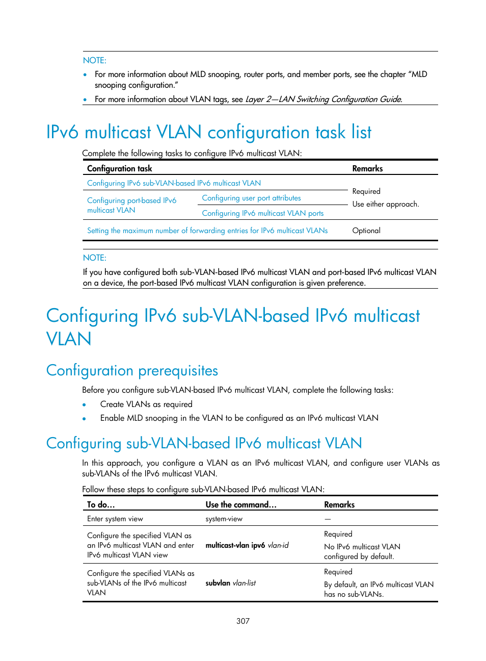 Ipv6 multicast vlan configuration task list, Configuration prerequisites, Configuring sub-vlan-based ipv6 multicast vlan | H3C Technologies H3C S10500 Series Switches User Manual | Page 322 / 467