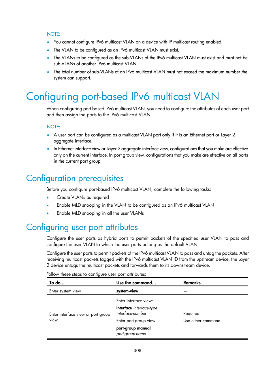 Configuring port-based ipv6 multicast vlan, Configuration prerequisites, Configuring user port attributes | H3C Technologies H3C S10500 Series Switches User Manual | Page 323 / 467
