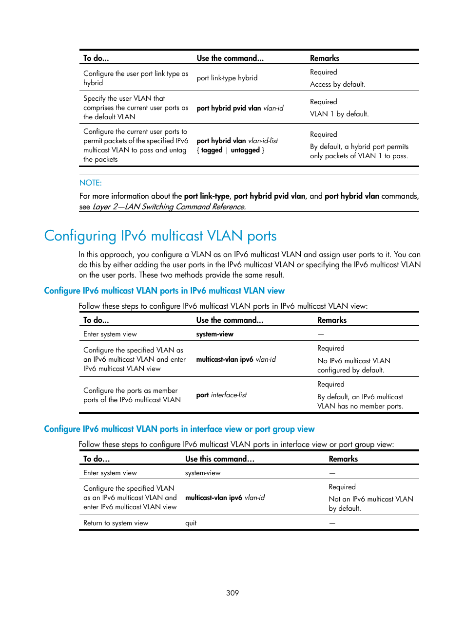 Configuring ipv6 multicast vlan ports | H3C Technologies H3C S10500 Series Switches User Manual | Page 324 / 467