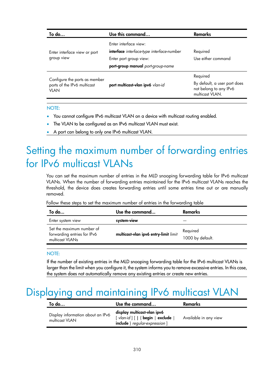 Displaying and maintaining ipv6 multicast vlan | H3C Technologies H3C S10500 Series Switches User Manual | Page 325 / 467