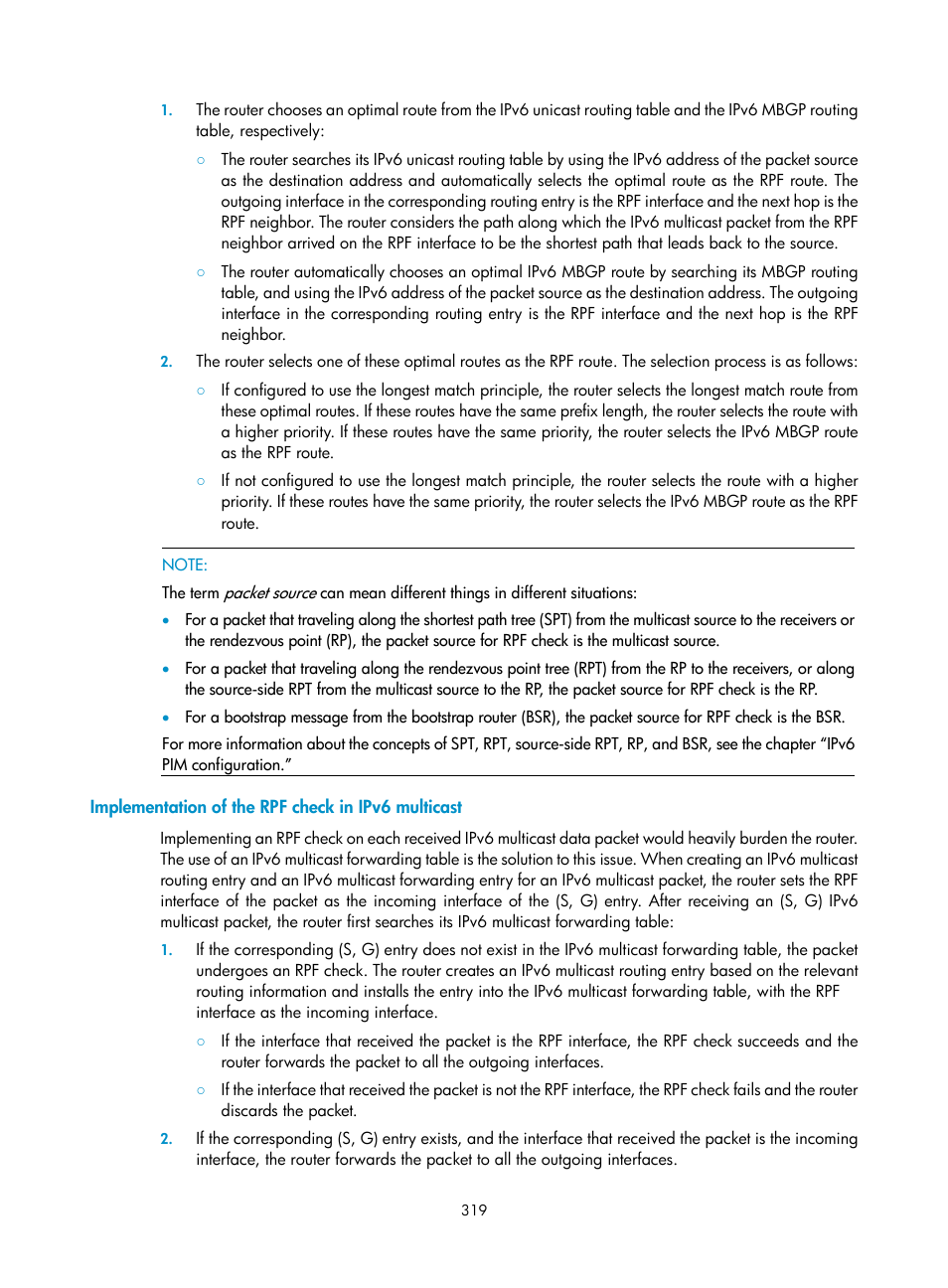 Implementation of the rpf check in ipv6 multicast | H3C Technologies H3C S10500 Series Switches User Manual | Page 334 / 467