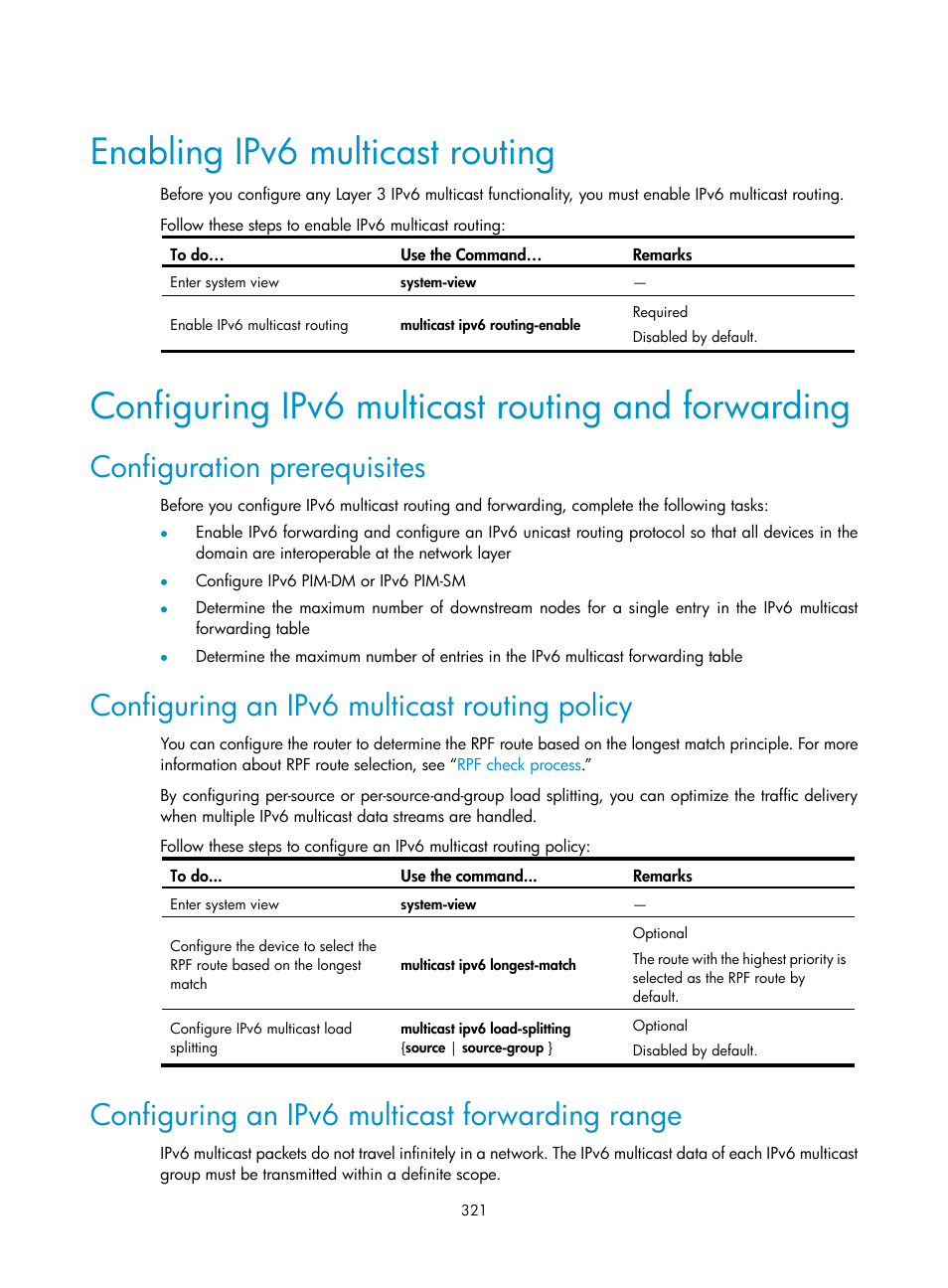 Enabling ipv6 multicast routing, Configuring ipv6 multicast routing and forwarding, Configuration prerequisites | Configuring an ipv6 multicast routing policy, Configuring an ipv6 multicast forwarding range | H3C Technologies H3C S10500 Series Switches User Manual | Page 336 / 467