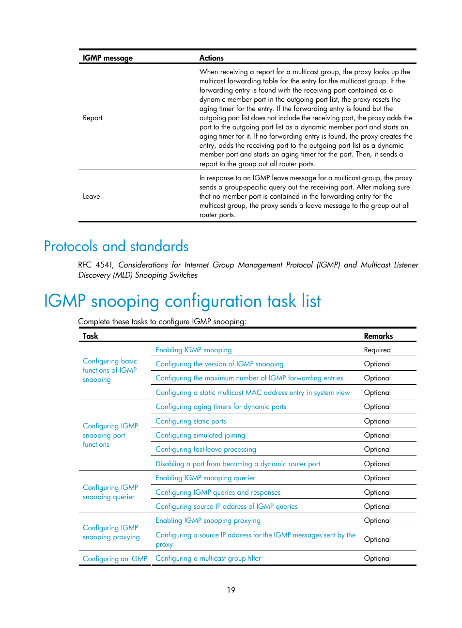 Protocols and standards, Igmp snooping configuration task list | H3C Technologies H3C S10500 Series Switches User Manual | Page 34 / 467