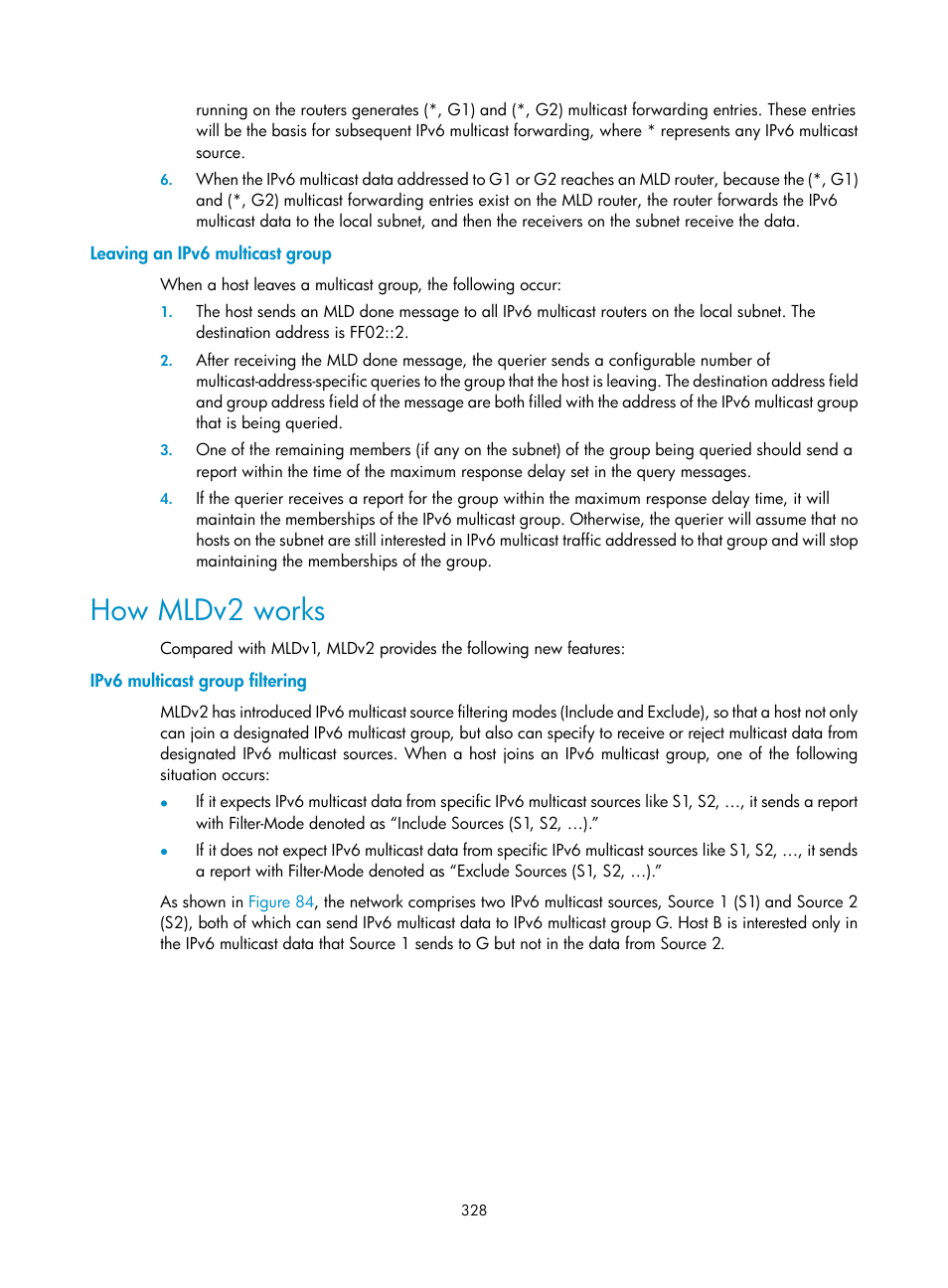 Leaving an ipv6 multicast group, How mldv2 works, Ipv6 multicast group filtering | H3C Technologies H3C S10500 Series Switches User Manual | Page 343 / 467