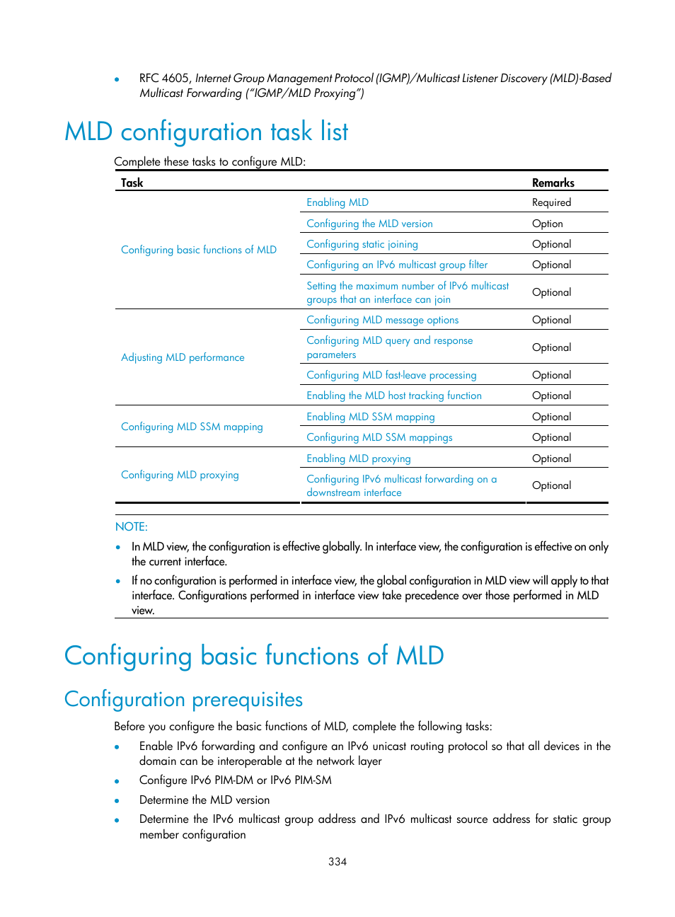 Mld configuration task list, Configuring basic functions of mld, Configuration prerequisites | H3C Technologies H3C S10500 Series Switches User Manual | Page 349 / 467