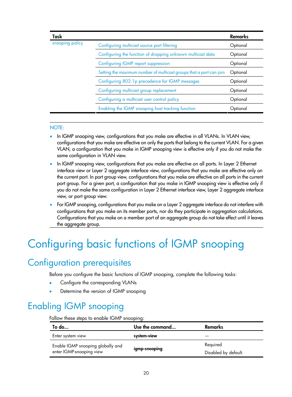 Configuring basic functions of igmp snooping, Configuration prerequisites, Enabling igmp snooping | Configuring basic, Functions of igmp snooping | H3C Technologies H3C S10500 Series Switches User Manual | Page 35 / 467