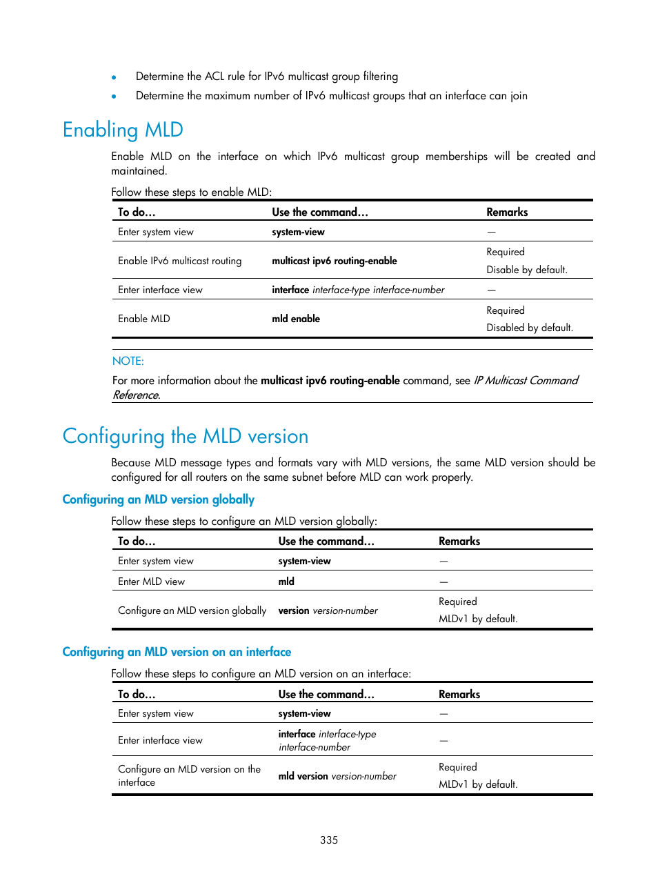 Enabling mld, Configuring the mld version, Configuring an mld version globally | Configuring an mld version on an interface | H3C Technologies H3C S10500 Series Switches User Manual | Page 350 / 467