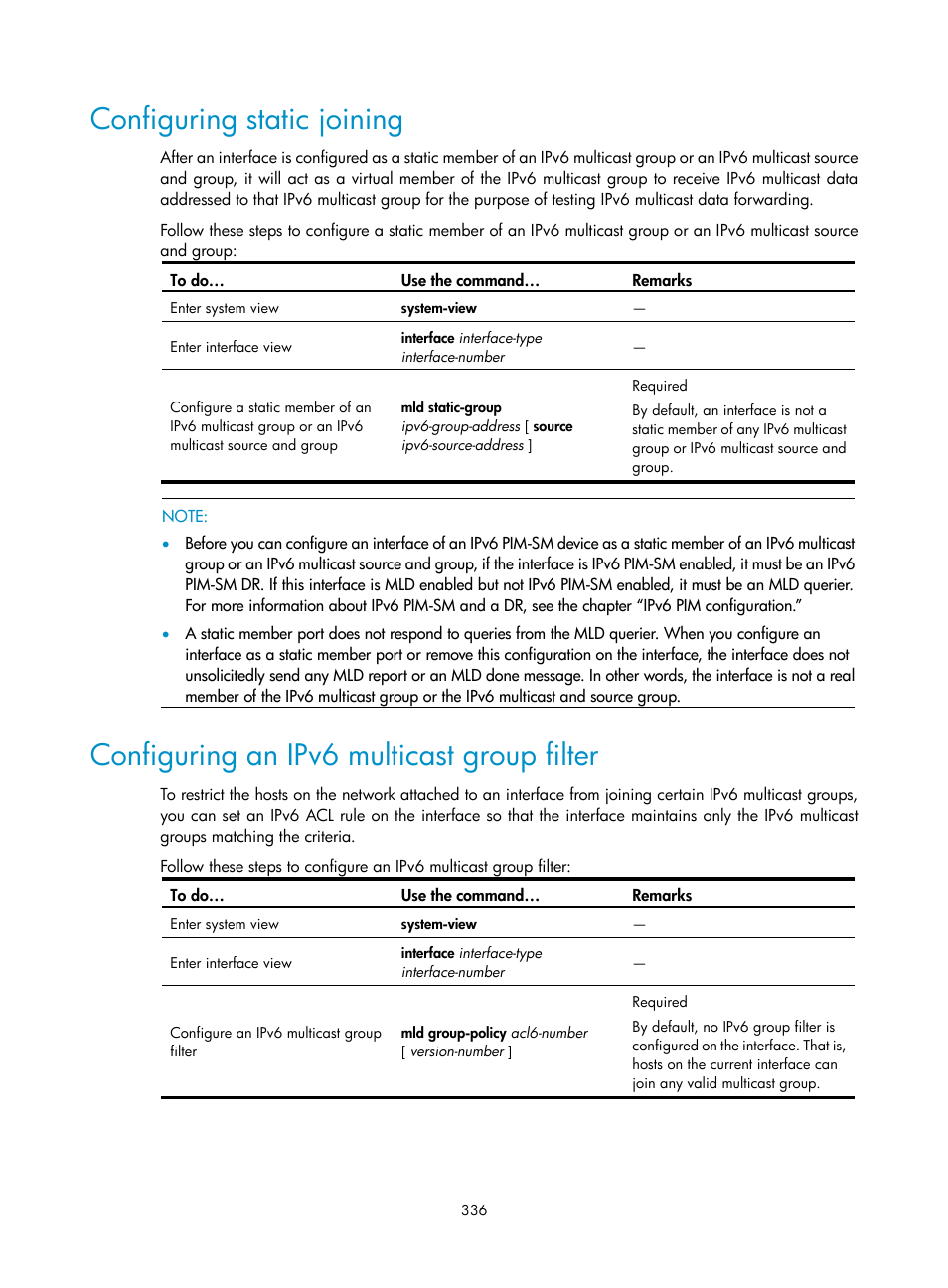 Configuring static joining, Configuring an ipv6 multicast group filter | H3C Technologies H3C S10500 Series Switches User Manual | Page 351 / 467