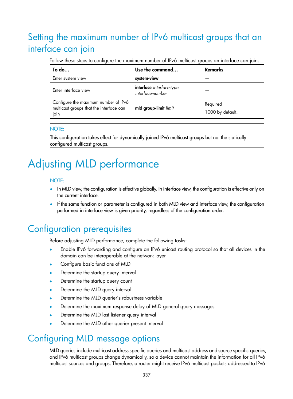 Adjusting mld performance, Configuration prerequisites, Configuring mld message options | H3C Technologies H3C S10500 Series Switches User Manual | Page 352 / 467