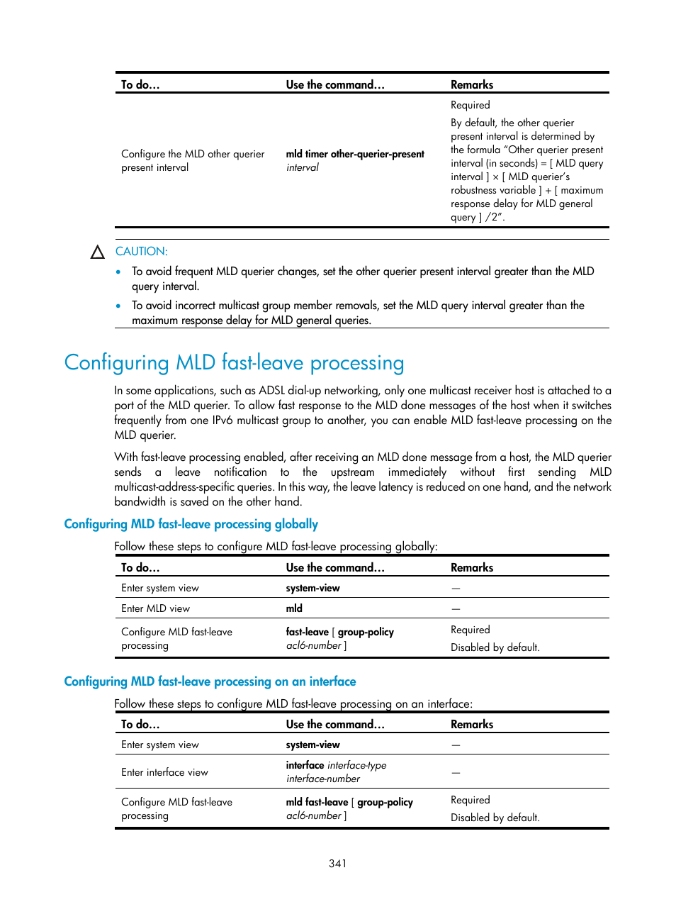 Configuring mld fast-leave processing, Configuring mld fast-leave processing globally | H3C Technologies H3C S10500 Series Switches User Manual | Page 356 / 467