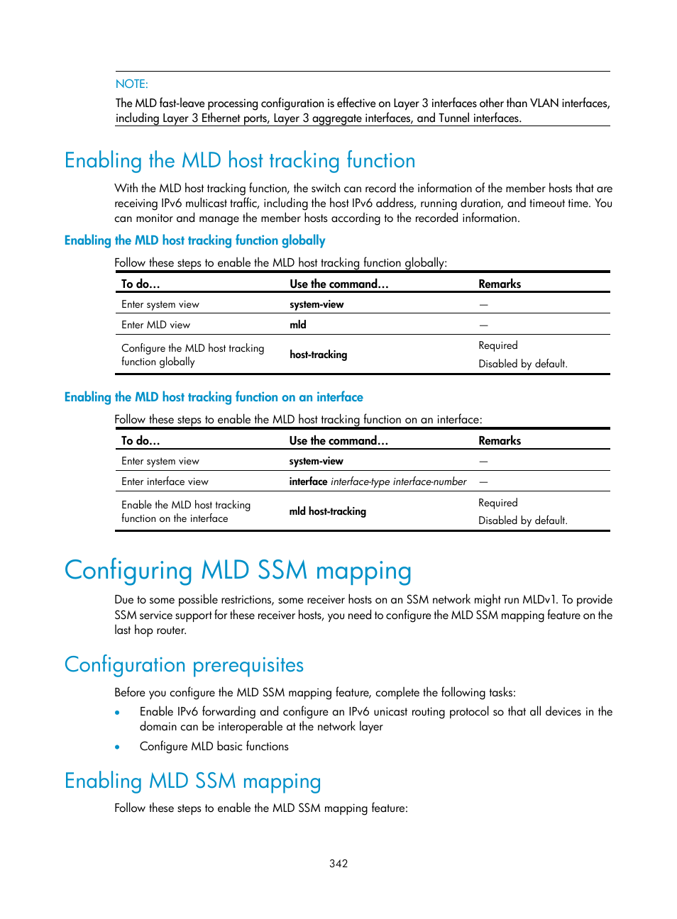 Enabling the mld host tracking function, Enabling the mld host tracking function globally, Configuring mld ssm mapping | Configuration prerequisites, Enabling mld ssm mapping | H3C Technologies H3C S10500 Series Switches User Manual | Page 357 / 467