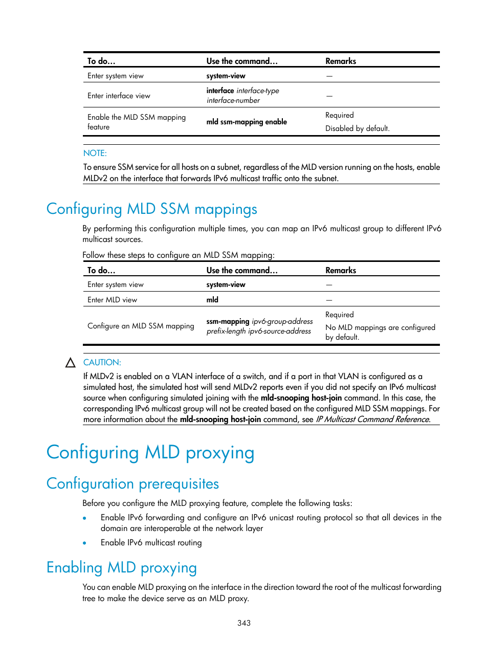 Configuring mld ssm mappings, Configuring mld proxying, Configuration prerequisites | Enabling mld proxying | H3C Technologies H3C S10500 Series Switches User Manual | Page 358 / 467
