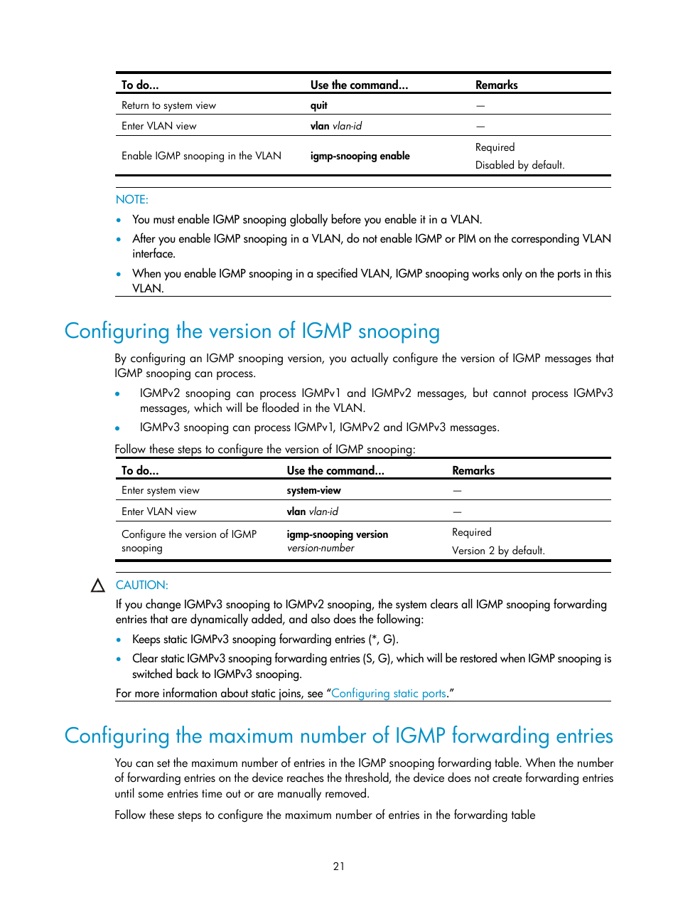 Configuring the version of igmp snooping | H3C Technologies H3C S10500 Series Switches User Manual | Page 36 / 467