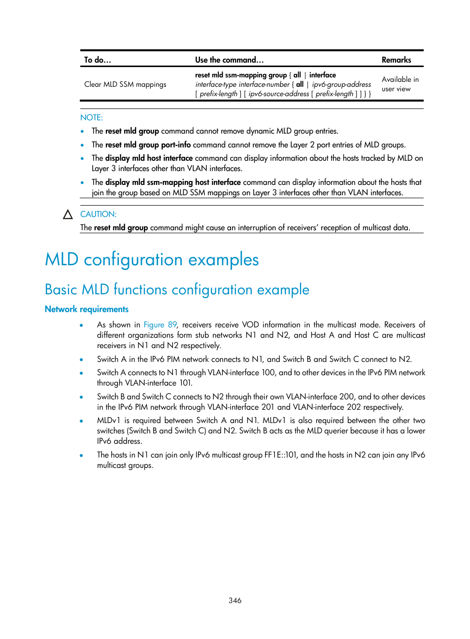 Mld configuration examples, Basic mld functions configuration example, Network requirements | H3C Technologies H3C S10500 Series Switches User Manual | Page 361 / 467