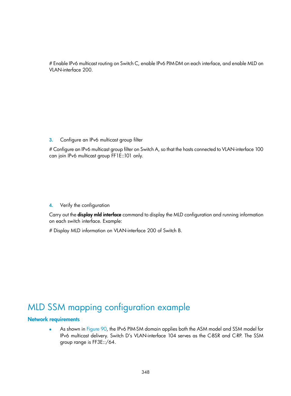 Mld ssm mapping configuration example, Network requirements | H3C Technologies H3C S10500 Series Switches User Manual | Page 363 / 467