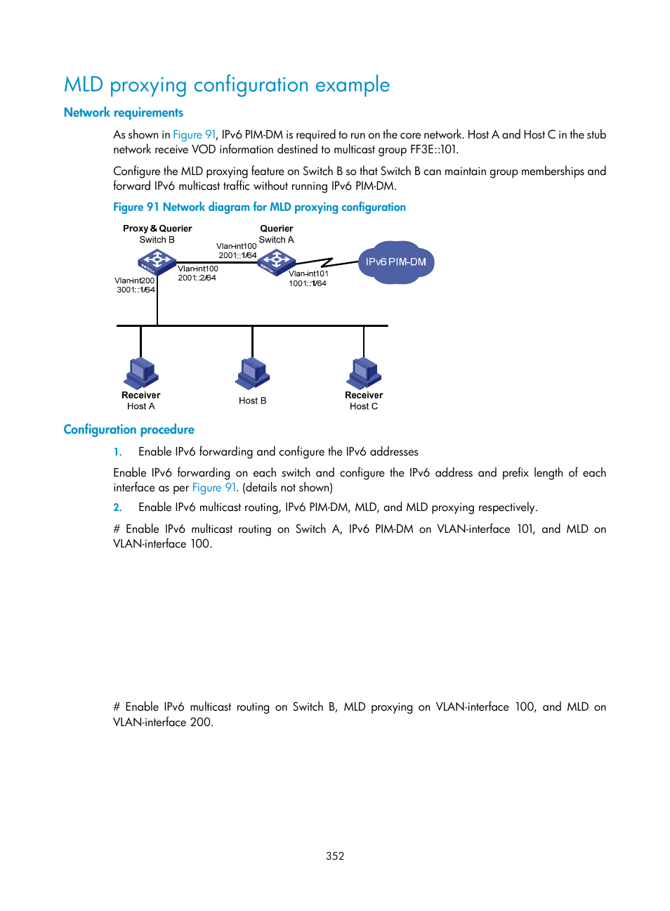 Mld proxying configuration example, Network requirements, Configuration procedure | H3C Technologies H3C S10500 Series Switches User Manual | Page 367 / 467