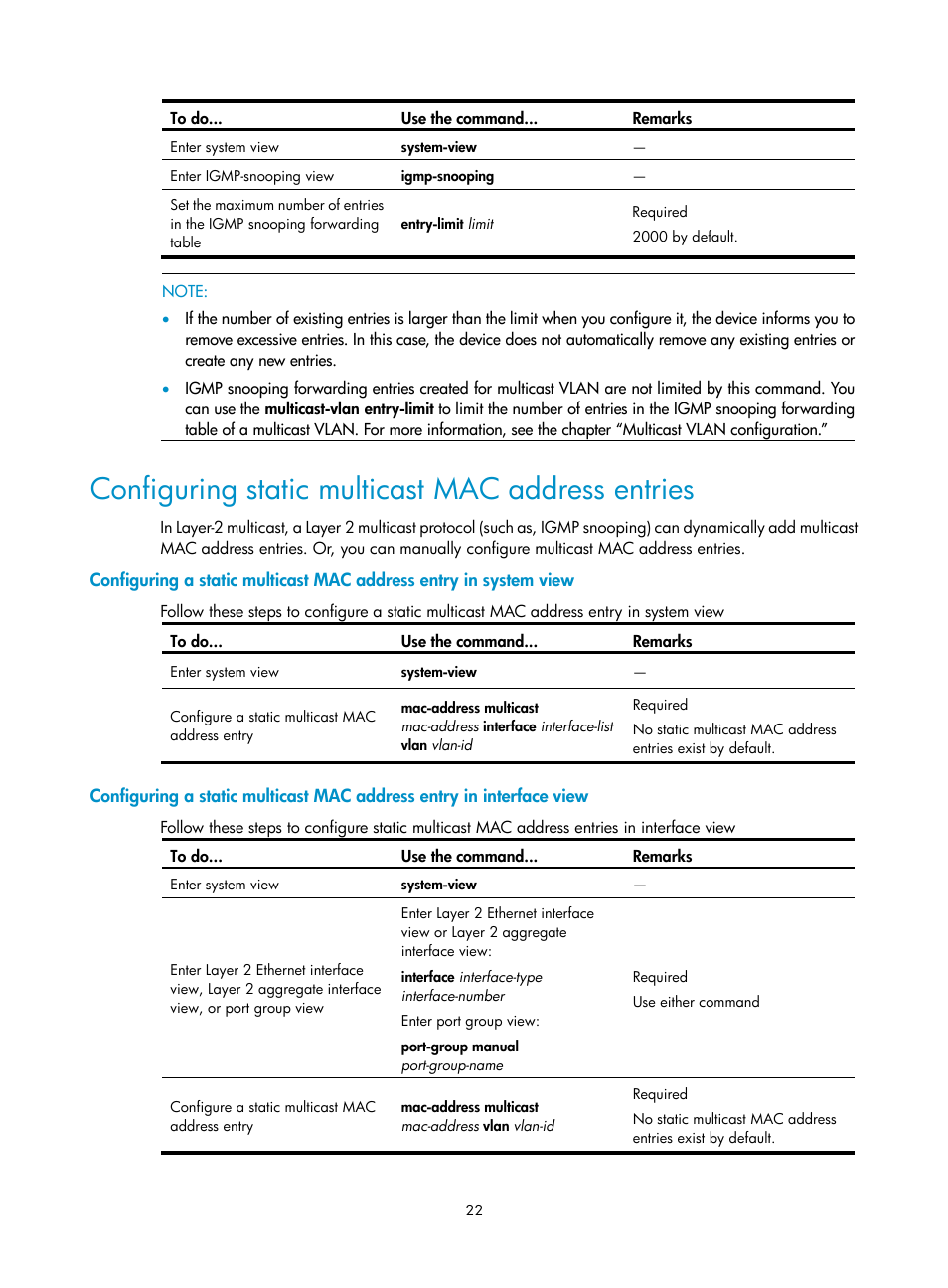 Configuring static multicast mac address entries | H3C Technologies H3C S10500 Series Switches User Manual | Page 37 / 467