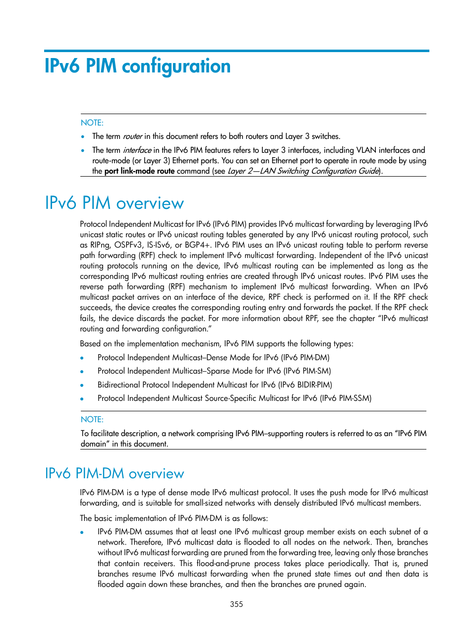 Ipv6 pim configuration, Ipv6 pim overview, Ipv6 pim-dm overview | H3C Technologies H3C S10500 Series Switches User Manual | Page 370 / 467