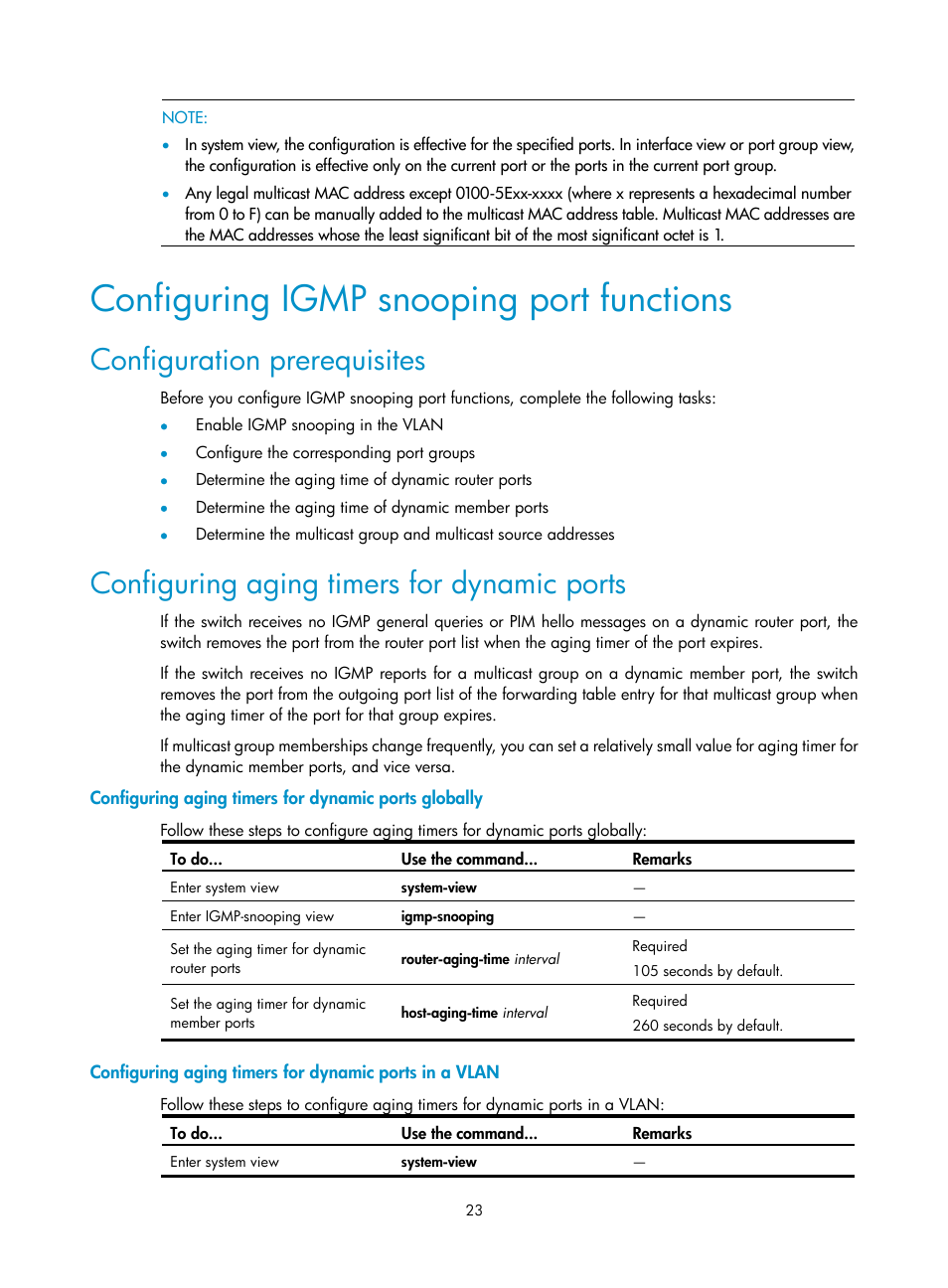 Configuring igmp snooping port functions, Configuration prerequisites, Configuring aging timers for dynamic ports | Configuring igmp, Snooping port functions | H3C Technologies H3C S10500 Series Switches User Manual | Page 38 / 467