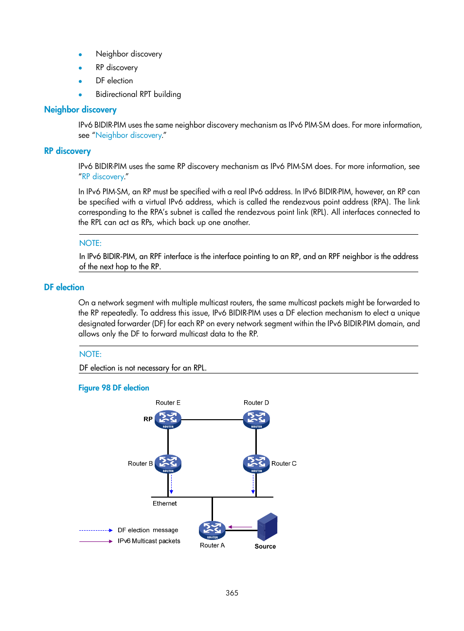 Neighbor discovery, Rp discovery, Df election | H3C Technologies H3C S10500 Series Switches User Manual | Page 380 / 467